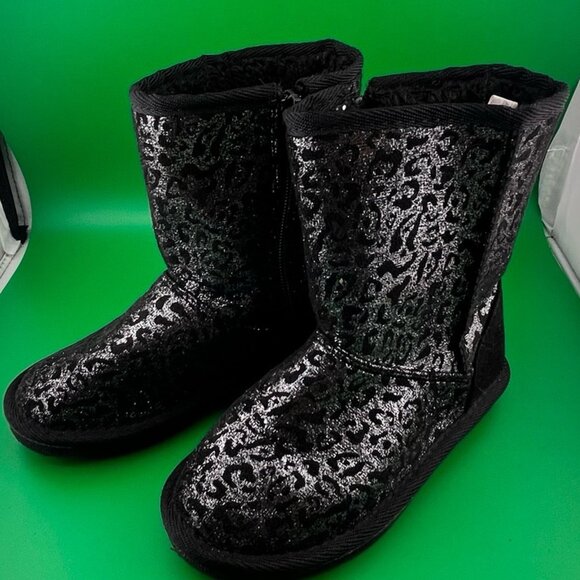 HARPER CANYON Big Girls Shearling Boots Black/Silver Metallic Animal Print Sz 10 - Picture 2 of 6